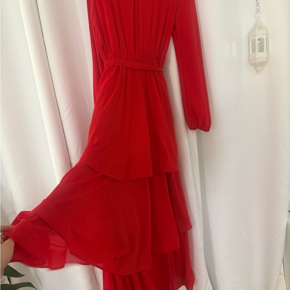 Elegant Red Long Sleeve Ruffle Maxi Dress - Picture 10 of 13